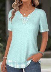 Plaid Cyan Short Sleeve Split Neck T Shirt