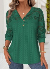 Green 3/4 Sleeve Split Neck T Shirt