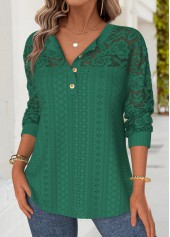 Green 3/4 Sleeve Split Neck T Shirt