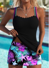 Mid Waisted Marine Life Print Black Tankini Set