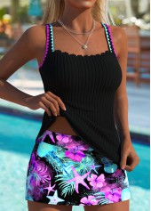 Mid Waisted Marine Life Print Black Tankini Set
