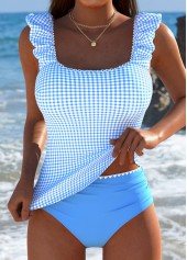 Mid Waisted Plaid Light Blue Tankini Set