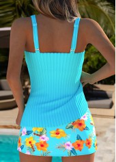 Mid Waisted Floral Print Cyan Tankini Set