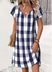 Plaid Blue Short Split Neck Dress