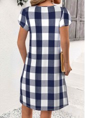 Plaid Blue Short Split Neck Dress