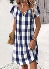 Plaid Blue Short Split Neck Dress