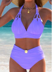Mid Waisted Purple Patchwork Bikini Set