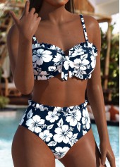 Mid Waisted Floral Print Blue Bikini Set