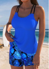 Mid Waisted Leaf Print Blue Tankini Set
