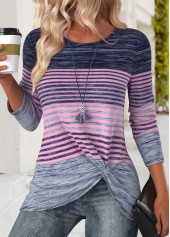 Striped Purple Long Sleeve Round Neck T Shirt