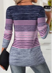 Striped Purple Long Sleeve Round Neck T Shirt