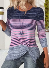 Striped Purple Long Sleeve Round Neck T Shirt