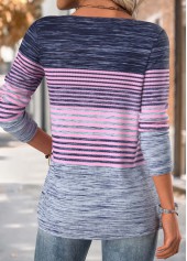 Striped Purple Long Sleeve Split Neck T Shirt