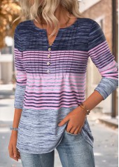 Striped Purple Long Sleeve Split Neck T Shirt