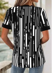 Geometric Print Black Short Sleeve Split Neck Blouse