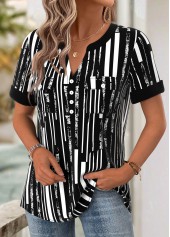 Geometric Print Black Short Sleeve Split Neck Blouse