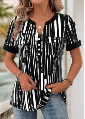 Geometric Print Black Short Sleeve Split Neck Blouse