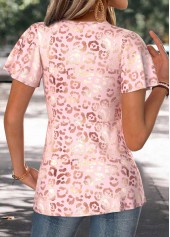 Leopard Light Pink Short Sleeve V Neck T Shirt