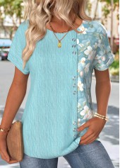 Floral Print Blue Short Sleeve Round Neck T Shirt