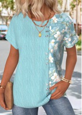Floral Print Blue Short Sleeve Round Neck T Shirt