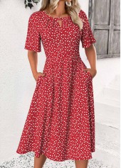 Polka Dot Red Short Sleeve Round Neck Dress