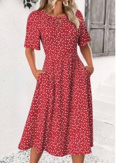 Polka Dot Red Short Sleeve Round Neck Dress