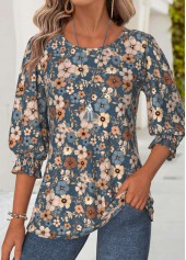 Floral Print Multi Color 3/4 Sleeve Round Neck Blouse