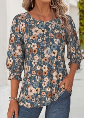 Floral Print Multi Color 3/4 Sleeve Round Neck Blouse