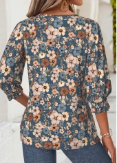 Floral Print Multi Color 3/4 Sleeve Round Neck Blouse