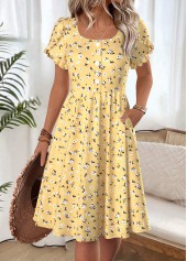 Ditsy Floral Print Yellow Short Sleeve Boat Neck Dress