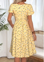 Ditsy Floral Print Yellow Short Sleeve Boat Neck Dress