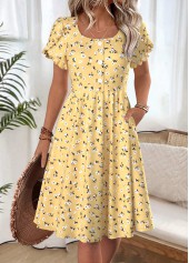 Ditsy Floral Print Yellow Short Sleeve Boat Neck Dress