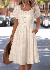 Beige Short Sleeve Boat Neck Dress