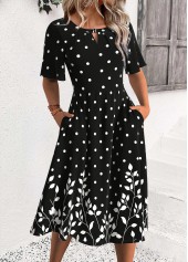 Polka Dot Black Half Sleeve Round Neck Dress