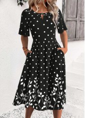 Polka Dot Black Half Sleeve Round Neck Dress