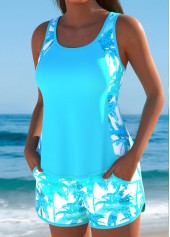 Mid Waisted Tropical Plants Print Cyan Tankini Set