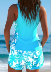 Mid Waisted Tropical Plants Print Cyan Tankini Set