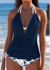 High Waisted Tropical Plants Print Navy Tankini Set