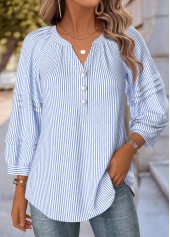 Striped Blue 3/4 Sleeve Split Neck Blouse