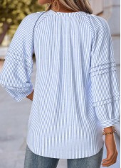Striped Blue 3/4 Sleeve Split Neck Blouse