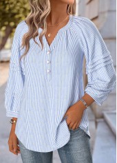 Striped Blue 3/4 Sleeve Split Neck Blouse