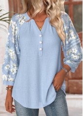 Floral Print Blue 3/4 Sleeve Split Neck Blouse