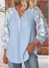 Floral Print Blue 3/4 Sleeve Split Neck Blouse