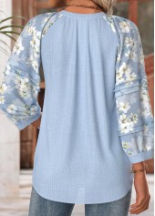 Floral Print Blue 3/4 Sleeve Split Neck Blouse