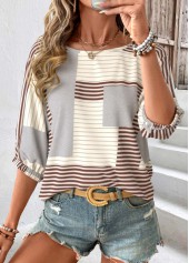 Geometric Print Light Coffee 3/4 Sleeve Round Neck Blouse