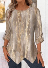 Ombre Gray Brown Long Sleeve Round Neck Blouse