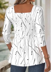 Geometric Print White Long Sleeve Square Neck Blouse