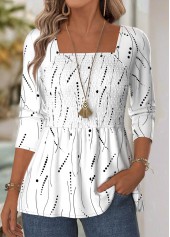 Geometric Print White Long Sleeve Square Neck Blouse