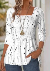 Geometric Print White Long Sleeve Square Neck Blouse