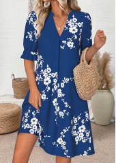 Floral Print Navy Short Half Sleeve Split Neck Dress